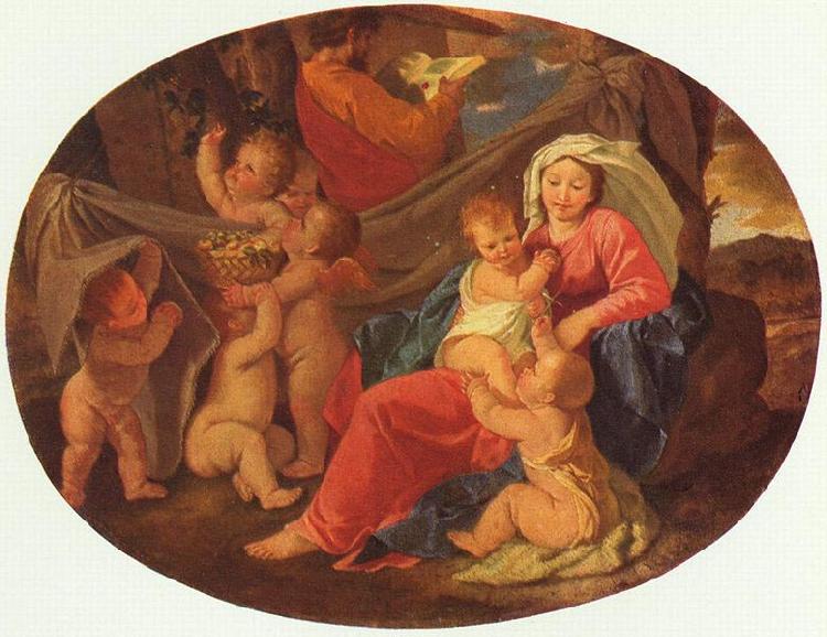 Nicolas Poussin Heilige Familie mit Engeln, Oval oil painting image